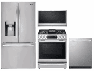 LG  LGRERADWMW21217  4 Piece Kitchen Appliances Package with French Door Refrigerator, Gas Range, Dishwasher and Over the Range Microwave in Stainless Steel