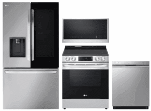 LG  LGRERADWMW21214  4 Piece Kitchen Appliances Package with French Door Refrigerator, Electric Range, Dishwasher and Over the Range Microwave in Stainless Steel