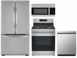 LG LGRERADWMW21233  4 Piece Kitchen Appliances Package with French Door Refrigerator, Gas Range, Dishwasher and Over the Range Microwave in Stainless Steel