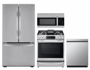 LG LGRERADWMW21231  4 Piece Kitchen Appliances Package with French Door Refrigerator, Gas Range, Dishwasher and Over the Range Microwave in Stainless Stee