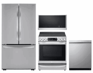 LG LGRERADWMW21228  4 Piece Kitchen Appliances Package with French Door Refrigerator, Electric Range, Dishwasher and Over the Range Microwave in Stainless Steel