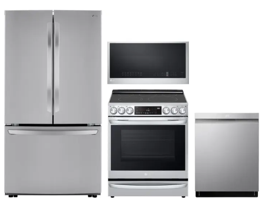 LG LGRERADWMW21228 4 Piece Kitchen Appliances Package with French Door Refrigerator, Electric Range, Dishwasher and Over the Range Microwave in Stainless Steel