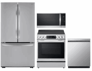 LG LGRERADWMW21227  4 Piece Kitchen Appliances Package with French Door Refrigerator, Electric Range, Dishwasher and Over the Range Microwave in Stainless Steel