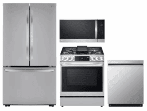 LG  LGRERADWMW21226  4 Piece Kitchen Appliances Package with French Door Refrigerator, Gas Range, Dishwasher and Over the Range Microwave in Stainless Steel