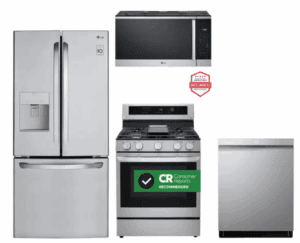 LG LGRERADWMW21293  4 Piece Kitchen Appliances Package with French Door Refrigerator, Gas Range, Dishwasher and Over the Range Microwave in Stainless Steel