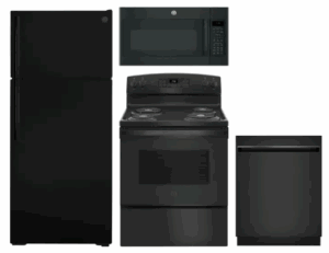 GEGE RERADWMW3313  4 Piece Kitchen Appliances Package with Top Freezer Refrigerator, Electric Range in Black