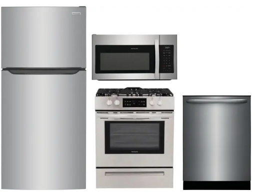 FRRERAMWDW30124 4 Piece Kitchen Appliances Package with Top Freezer Refrigerator, Gas Range