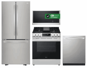 LG LGRERADWMW21308  4 Piece Kitchen Appliances Package with French Door Refrigerator, Gas Range, Dishwasher and Over the Range Microwave in Stainless Steel