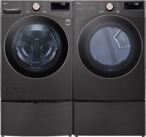 LG LGWADREB40003 Side-by-Side on Pedestals Front Load Washer and Electric Dryer Set in Black Steel