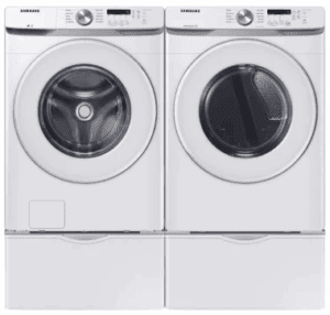 SAWADREW60004 Side-by-Side on Pedestals Front Load Washer and Electric Dryer Set in White