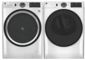 GE GEWADREGNWW550SS3 Side-by-Side on Risers Front Load Washer and Electric Dryer Set in White