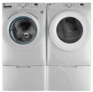 GE GEWADRGYWW350SS1 Side-by-Side on Pedestals Front Load Washer and Gas Dryer Set in White