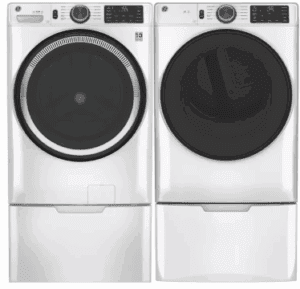 GE GEWADREGNWW550SS2 Side-by-Side on Pedestals Front Load Washer and Electric Dryer Set in White