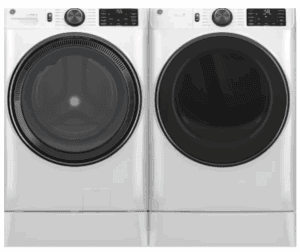 GE GEWADREVWW655SS2 Side-by-Side on Pedestals Front Load Washer and Electric Dryer Set in White