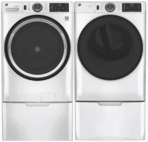GE GEWADREVW5502 Side-by-Side on Pedestals Front Load Washer and Electric Dryer Set in White
