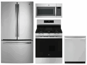 GEGERERADWMW104211  4 Piece Kitchen Appliances Package with French Door Refrigerator, Gas Range, Dishwasher and Over the Range Microwave in Stainless Steel