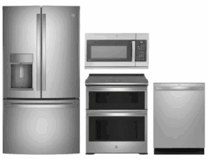 GE RERADWMW104196 Piece Kitchen Appliances Package with French Door Refrigerator in Stainless Steel