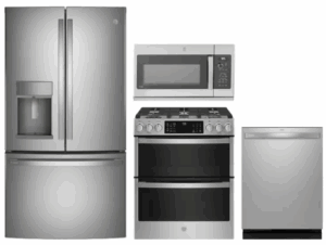GE RERADWMW104194 Included Brands 4 Piece Kitchen Appliances Package with French Door Refrigerator Stainless Steel
