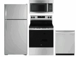 GE GERERADWMW104115 4 Piece Kitchen Appliances Package with Top Freezer Refrigerator