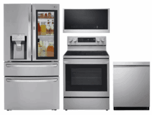 LG LGRERADWMW20920  4 Piece Kitchen Appliances Package with French Door Refrigerator, Electric Range, Dishwasher and Over the Range Microwave in Stainless Steel