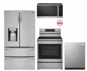 LG LGRERAMWDW11233 4 Piece Kitchen Appliances Package with French Door Refrigerator, Electric Range, Over the Range Microwave and Dishwasher in Stainless Steel