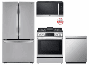 LG  LGRERADWMW21301  4 Piece Kitchen Appliances Package with French Door Refrigerator, Gas Range, Dishwasher and Over the Range Microwave in Stainless Steel