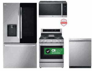 LG LGRERADWMW21298  4 Piece Kitchen Appliances Package with French Door Refrigerator, Gas Range, Dishwasher and Over the Range Microwave in Stainless Steel