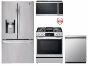 LG LGRERADWMW21300  4 Piece Kitchen Appliances Package with French Door Refrigerator, Gas Range, Dishwasher and Over the Range Microwave in Stainless Steel
