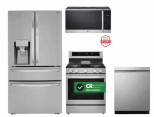 LG LGRERADWMW21291  4 Piece Kitchen Appliances Package with French Door Refrigerator, Gas Range, Dishwasher and Over the Range Microwave in