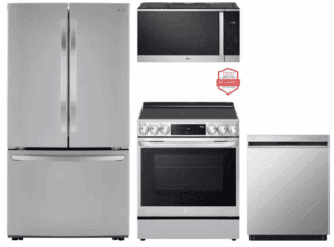 LG  LGRERADWMW21302  4 Piece Kitchen Appliances Package with French Door Refrigerator, Electric Range, Dishwasher and Over the Range Microwave in Stainless Steel