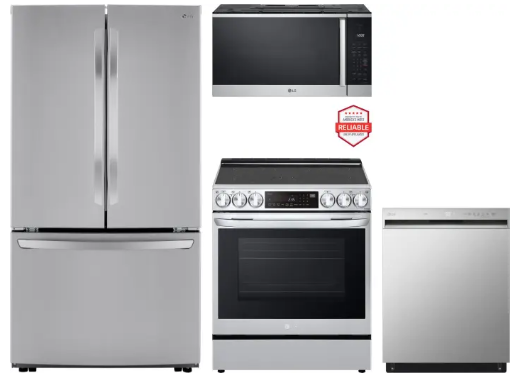 LG LGRERADWMW21302 4 Piece Kitchen Appliances Package with French Door Refrigerator, Electric Range, Dishwasher and Over the Range Microwave in Stainless Steel