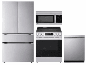 LG LGRERADWMW21315  4 Piece Kitchen Appliances Package with French Door Refrigerator, Electric Range, Dishwasher and Over the Range Microwave in Stainless Steel