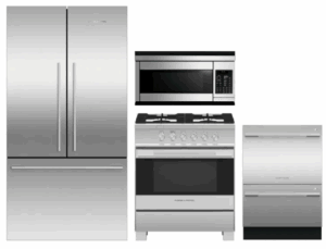 FPRERADWMW4029  4 Piece Kitchen Appliances Package with French Door Refrigerator, Gas Range, Dishwasher and Over the Range Microwave in Stainless Steel